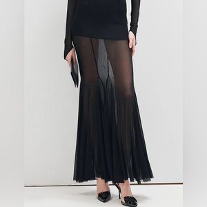 NWT Commense Black Ruffle Sheer Panel Maxi Skirt SZ S Dressy Halloween Sexy Fall